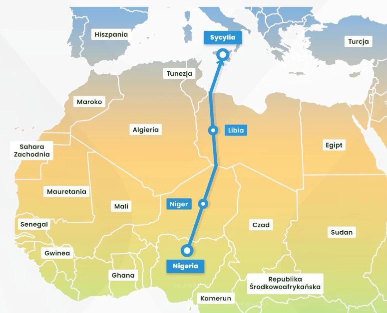 A map of North Africa showing a proposed gas pipeline route from Nigeria through Niger and Libya to Europe
